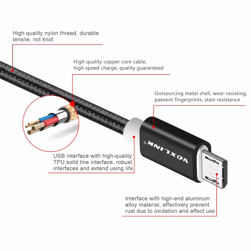 VOXLINK нейлоновый Плетеный Micro USB кабель 1 м/2 м/3 м Синхронизация данных зарядное