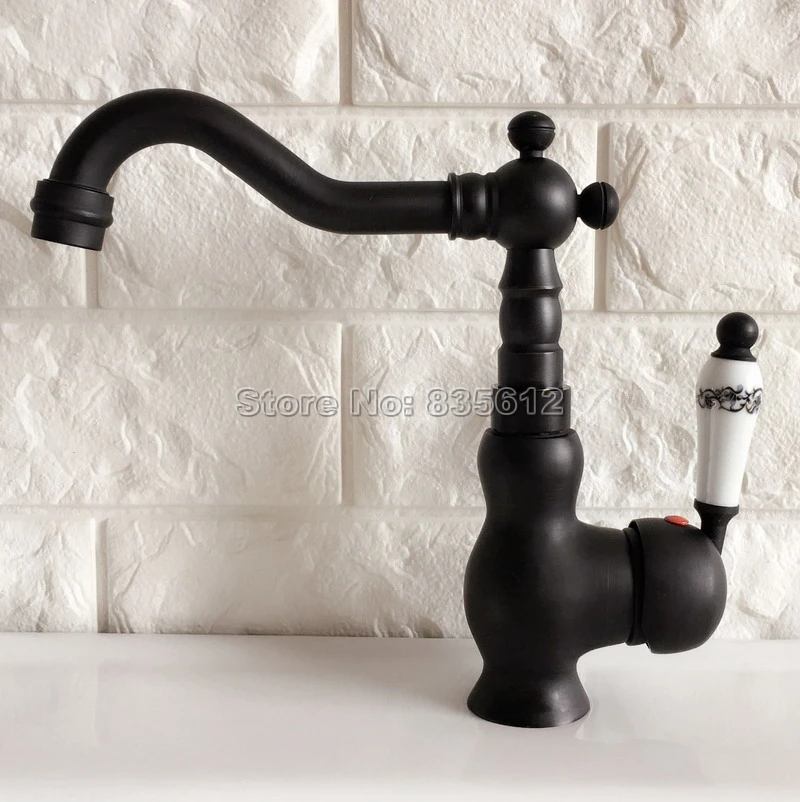 

Black Oil Rubbed Brass Ceramic Handle Bathroom Basin Faucet Vessel Sink Mixer Taps Swivel Spout Cold & Hot Water Faucets Wnf357