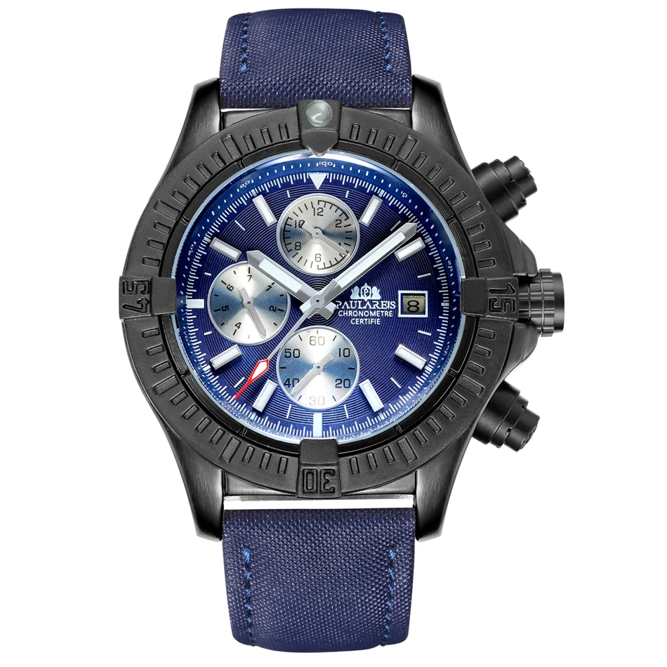 Black Blue Panda 1 Мужские автоматические механические холщовые стильные многофункциональные спортивные часы с ремешком из натуральной кожи черного и синего цвета с датой и месяцем - Цвет: Black Blue Panda 1
