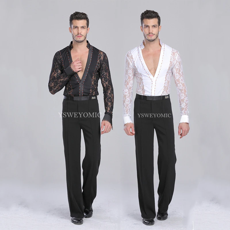 

New Arrival High Quality Black White Men Latin Dance Tops Cha Cha Rumba Long Sleeves Leotard Latin Ballroom Shirt Men FM01