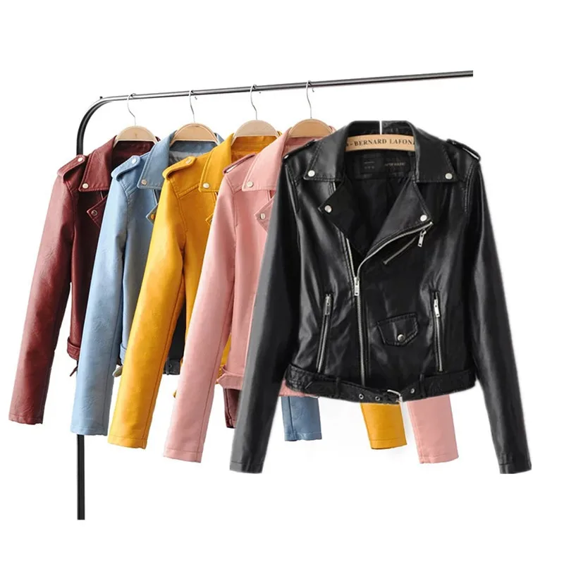 

2017 New Autumn Fashion Street Women's Short Washed PU Leather Jacket Zipper Bright Colors New Ladies Basic Jackets Good Quality