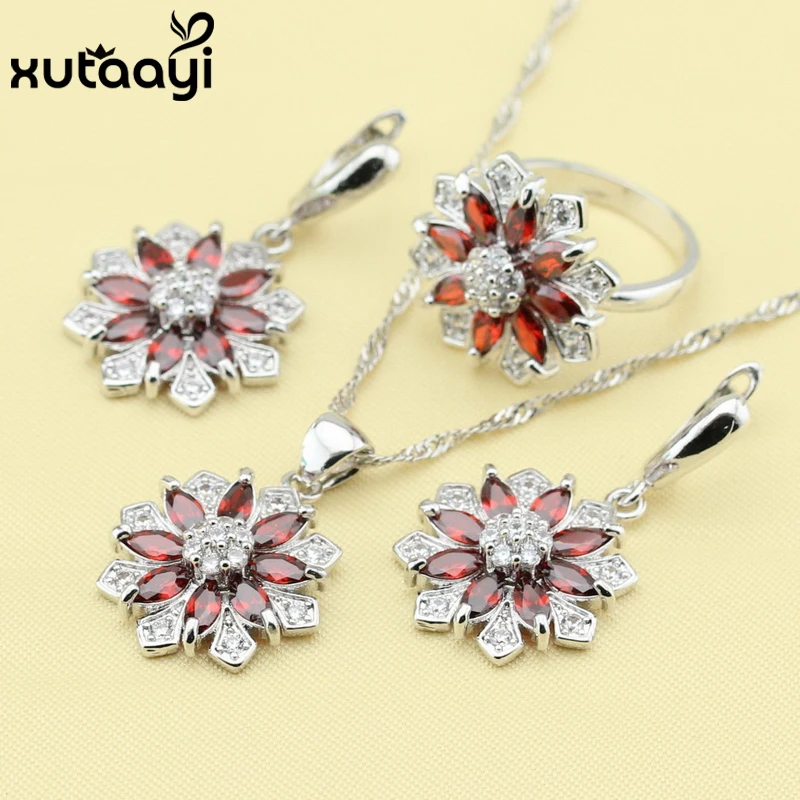 Модные женские чудесные украшения наборы Серебряные Цветные Красные гранатовые