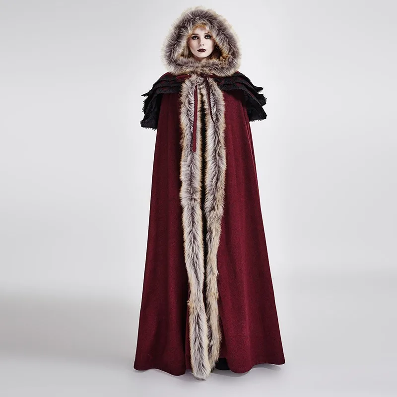 Red Gothic Wool Blends Ancient Palace Party Hallowmas Coats Wool Collar Long Cloak Overbearing Excellent Jackets PUNK RAVE Y-673 - Цвет: Red