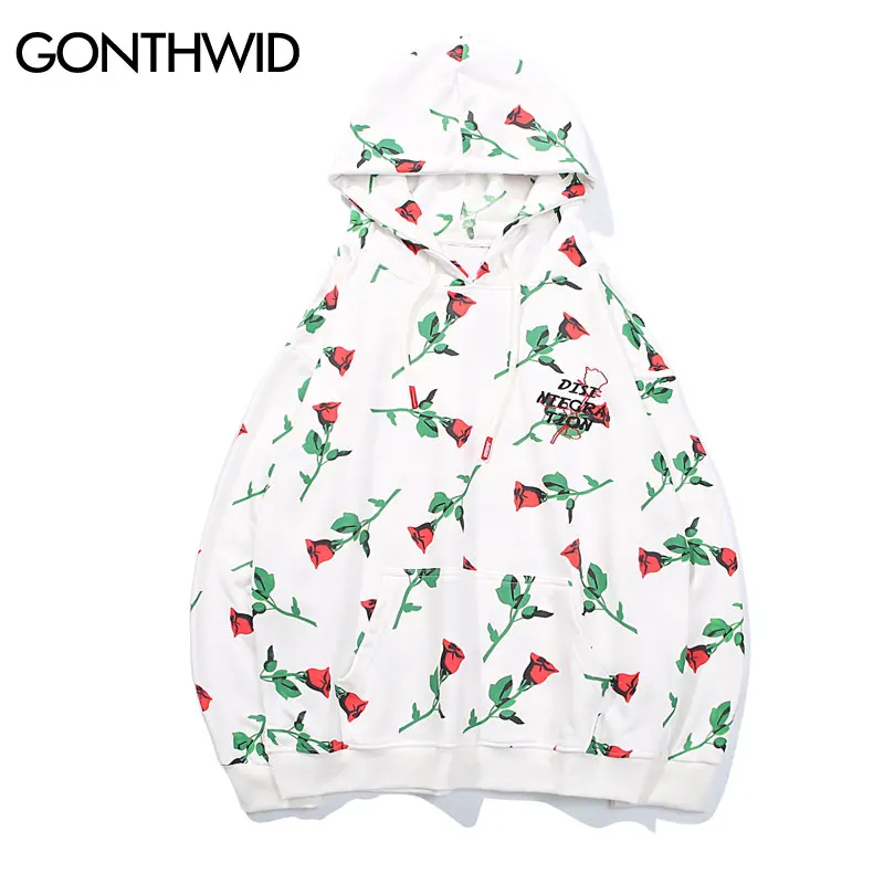 GONTHWID красная роза полный печатных вышивка худи с надписью мужские хип хоп