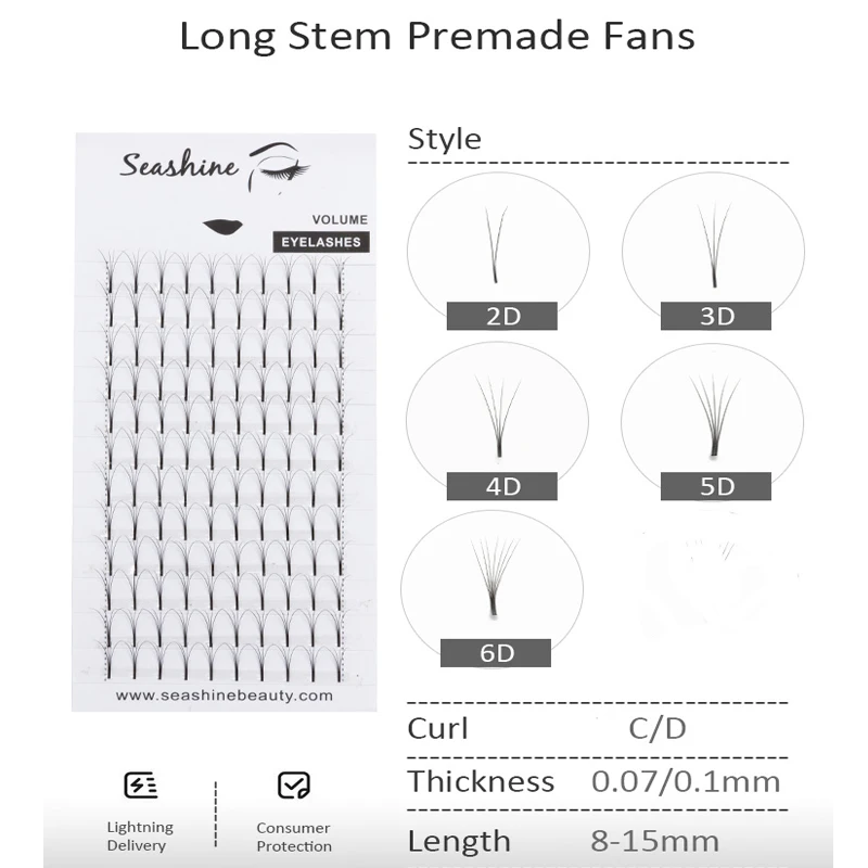 

Seashine Long Stem Russian Volume Eyelashes Extension Pre made Fans C/D curl Mink Lash Eyelash Individual Extensions