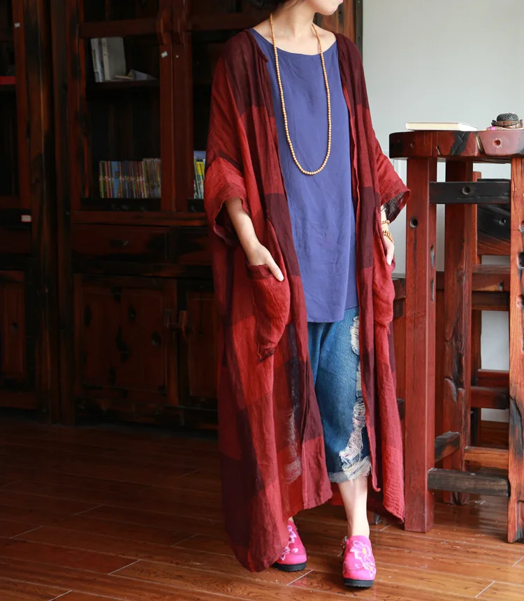 Женский Осенний свободный тренчкот из промытого льняного полотна 2021 клетчатый с