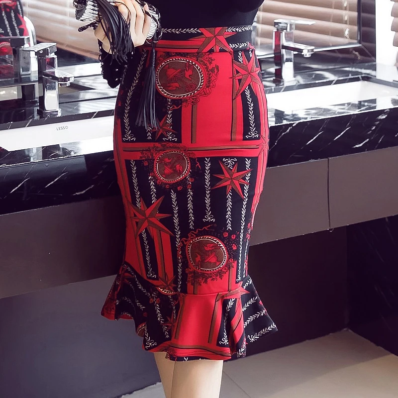 

Pencil Skirt Women Plus Size Vintage Ruffles High Elastic Waist Office Work Autumn Mermaid Printed Bodycon Skirts Womens 2018