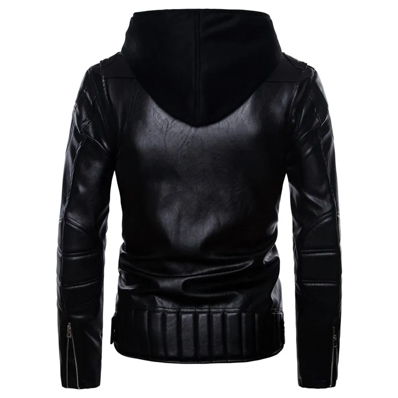 Мужская мотоциклетная кожаная куртка черная с капюшоном размеры S M L XL XXL