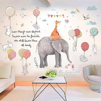rabbit and elephant Наклейка на стену с изображением мультяшных животных, воздушных шаров, детская спальня, детская комната, домашний декор, наклейка на стену adesivos de parede adesivi murali - Цвет: rabbit and elephant
