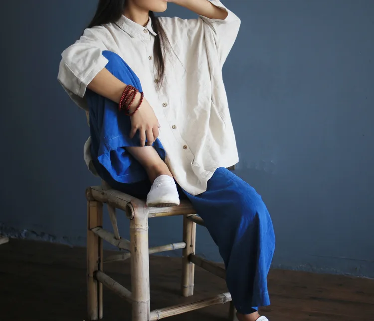 Рубашка женская льняная с отложным воротником свободная блузка длинным рукавом