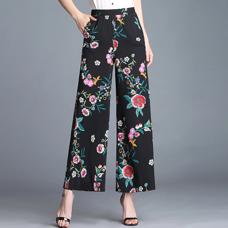 

Color chiffon wide leg pants female summer thin section high waist Ankle-Length Pants straight pants loose printing trousers