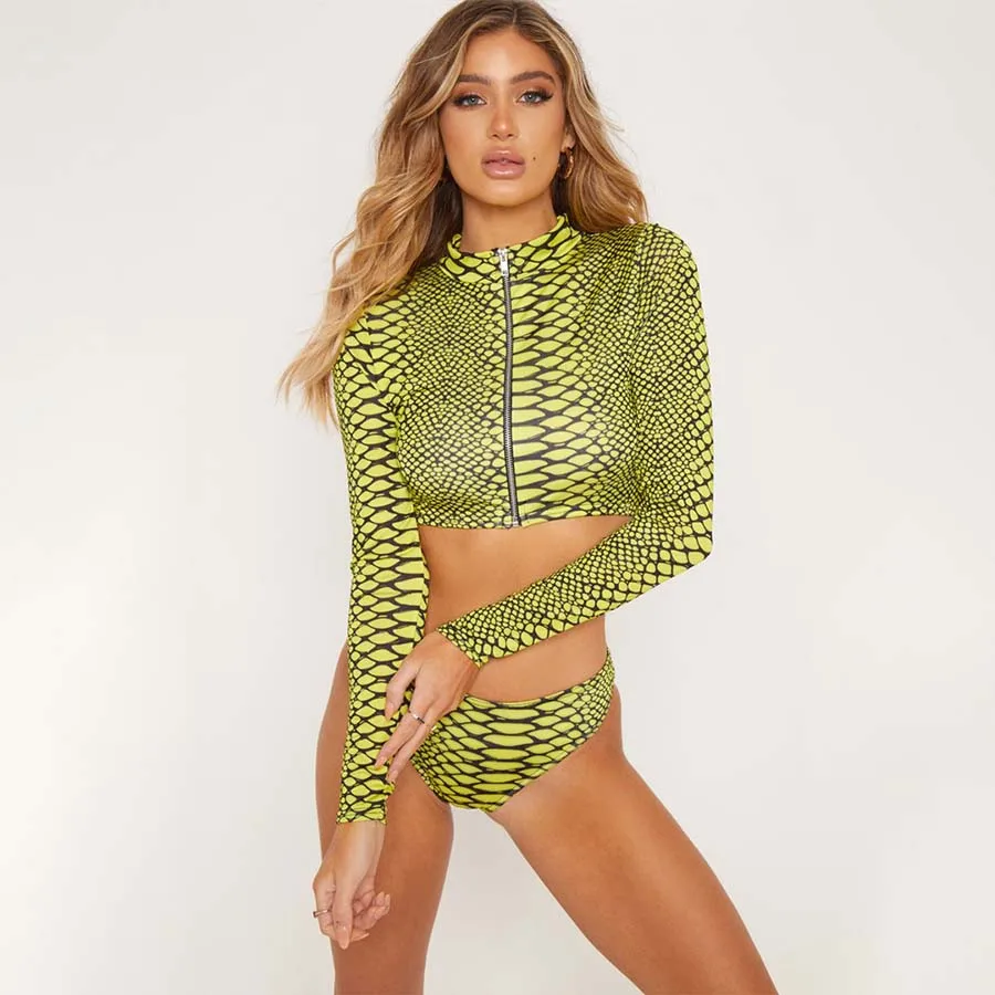 Sexy Snake Skin Push Up Bikini Set Zipper Front Bikinis Women Cut Out Swimwear Long Sleeve Swimsuit Swimming Bathing Suit | Спорт и