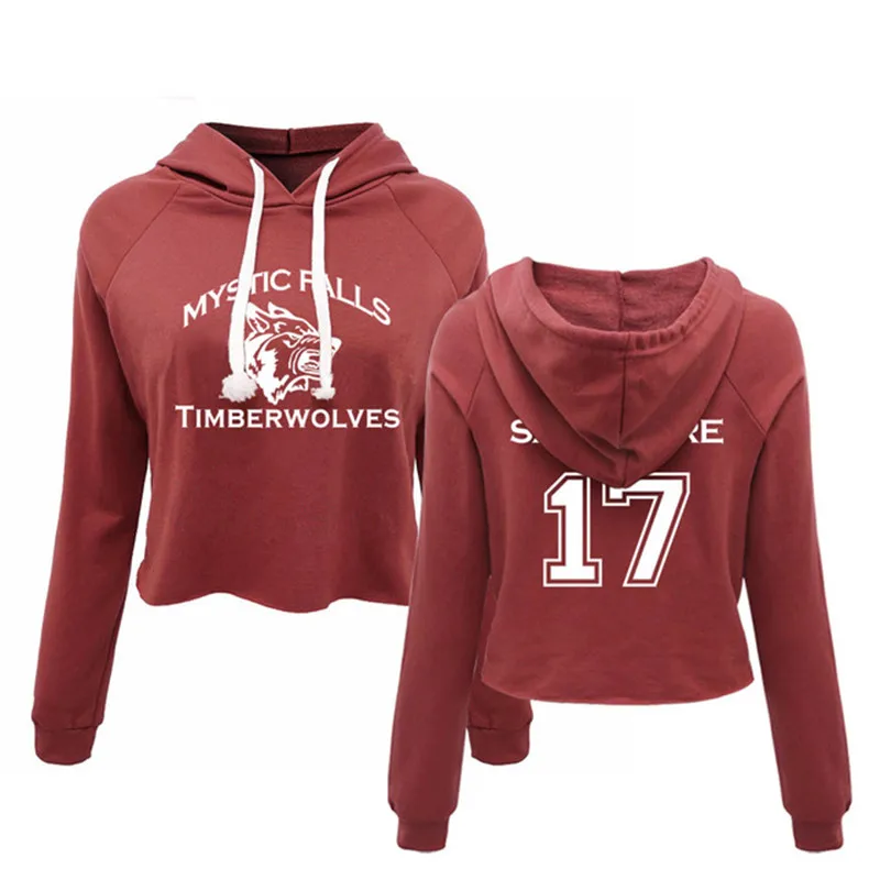 

Vampire Diaries Mystic Falls Timberwolves Salvatore 17 Cropped Hoodie Sweatshirt Women Harajuku Crop Top Hoodies Short Hoody