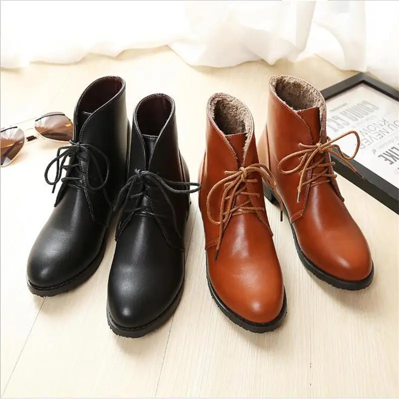 Taomengsi Women's Boots Brown Plus Velvet Thickening Martin Front Strap Lace-Up Round Toe Ladies black ZE33-43 | Обувь