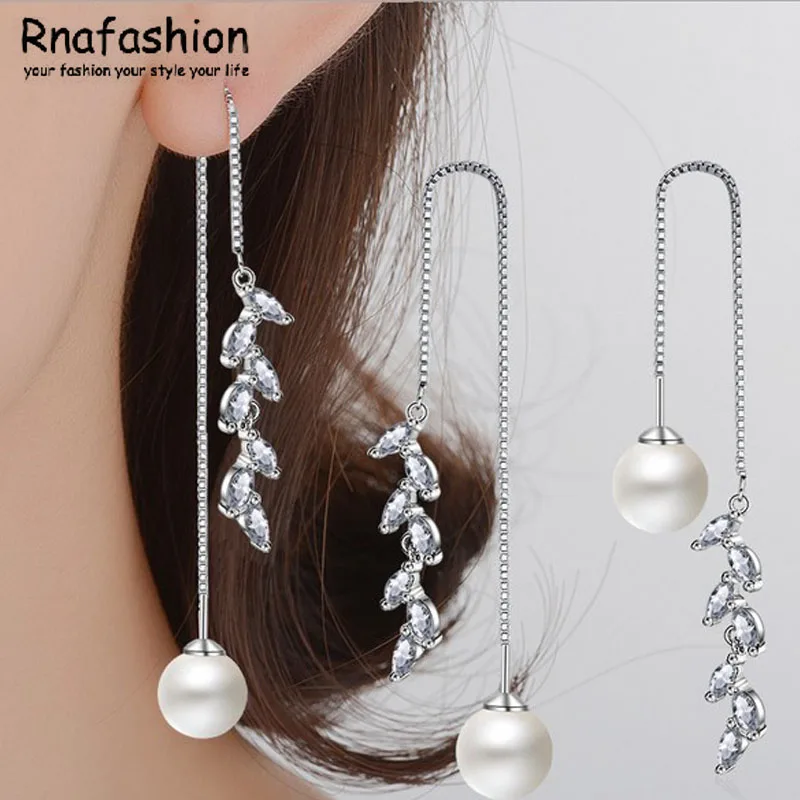 

RNAFASHION New Fashion 925 Sterling Silver Zircon Flower Leaves Box Chain Long Tassel Simulated Pearl Earrings For Women