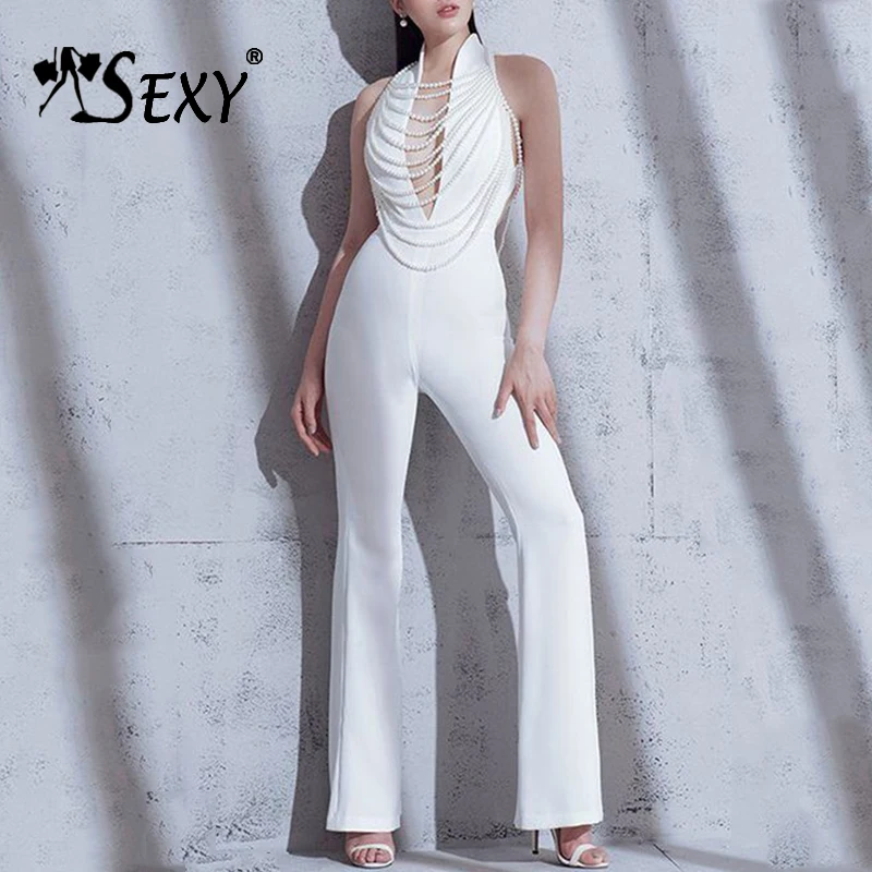 Gosexy, новинка, женский сексуальный комбинезон, элегантный, белый, жемчужный, без рукавов, глубокий v-образный вырез, комбинезон, вечерние, летний, облегающий