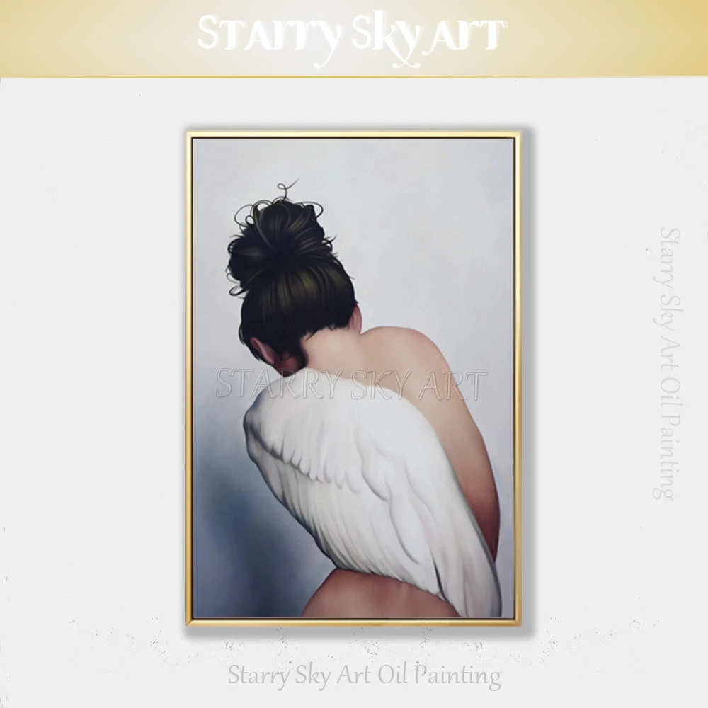 

Professional Painter Hand-painted High Quality Angel with Half Wing Oil Painting on Canvas Beautiful Girl Portrait Oil Painting