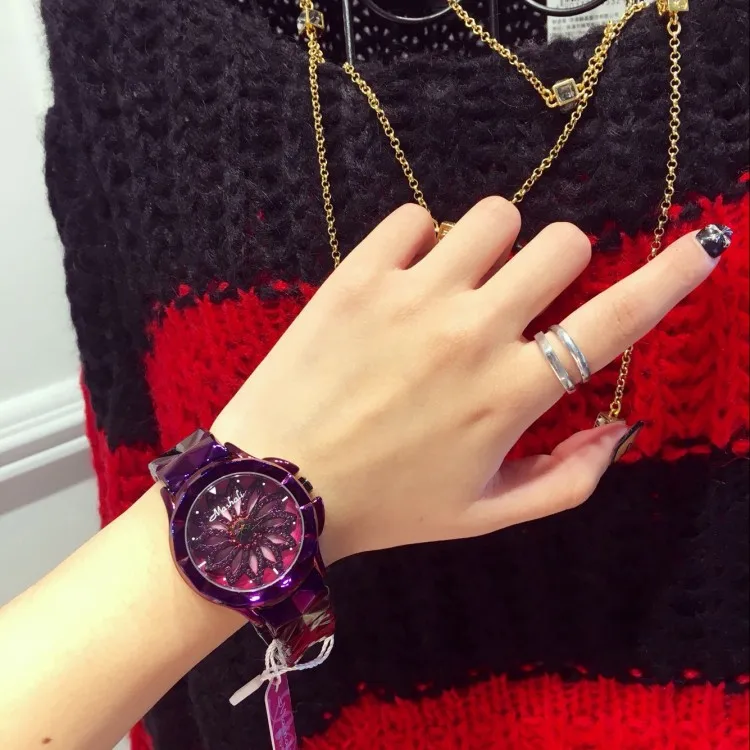 Гламурные фиолетовые часы для женщин сверкающие вращающиеся Платья с цветочным