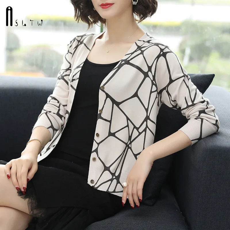 Beige ASLTW Autumn Printed Sweater Women New Fashion Geometric V Neck Cardigan Female Plus Size Knitted Top Jumper Sweater - Color: Beige
