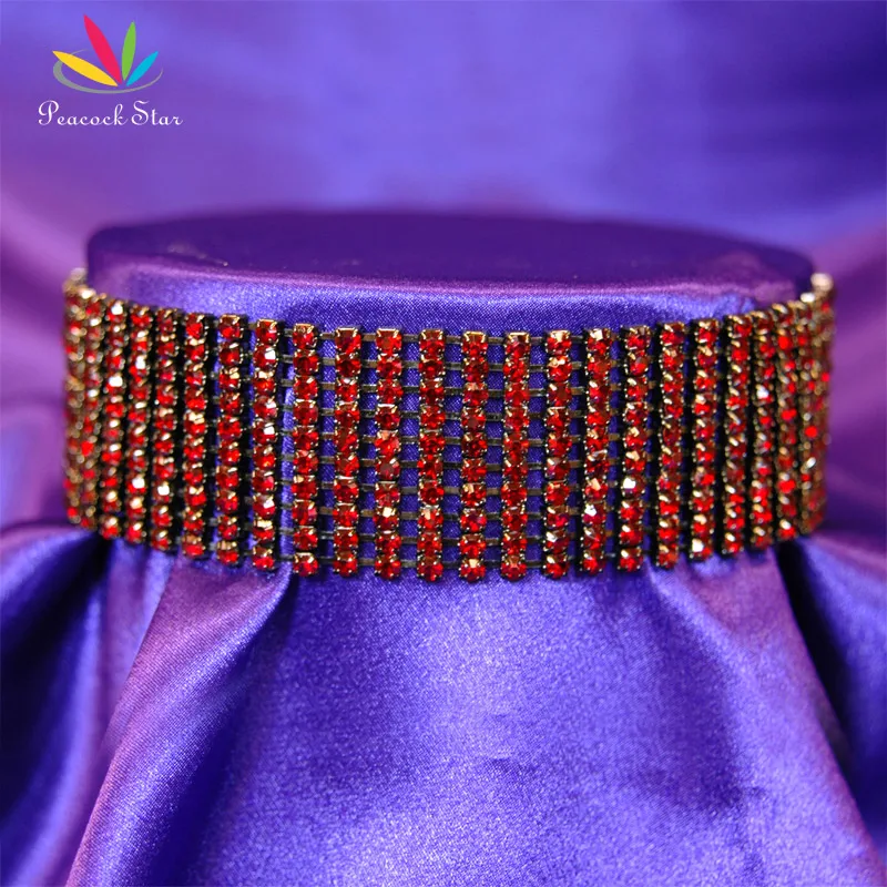 Ожерелье чокер с павлиньими звездами 10 рядов темно красное CC022|rhinestone choker necklace|choker