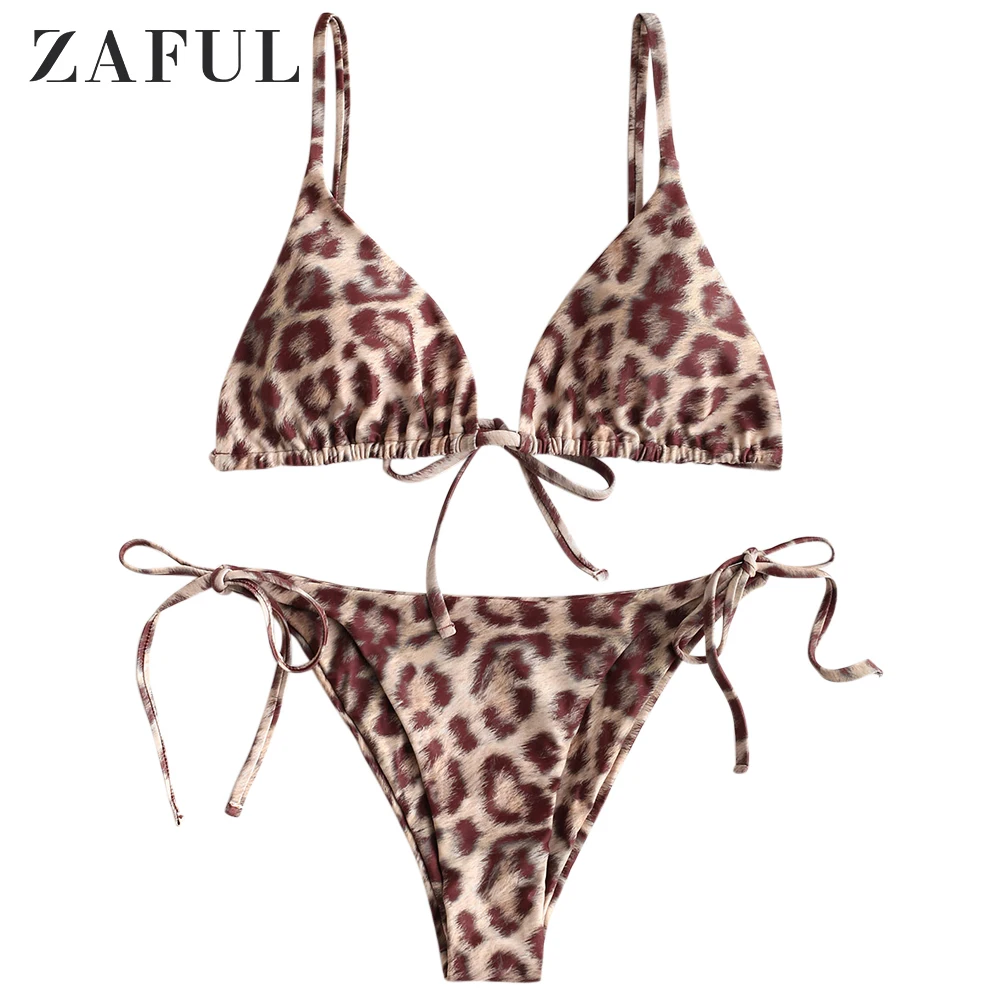Женский купальник бикини ZAFUL бандажный с леопардовым принтом лямки для