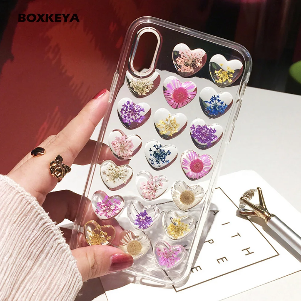 Модные 3D сердце любовь настоящие сухие цветы чехол для iPhone Xs Max Xr 8 7 6 Plus Прозрачный