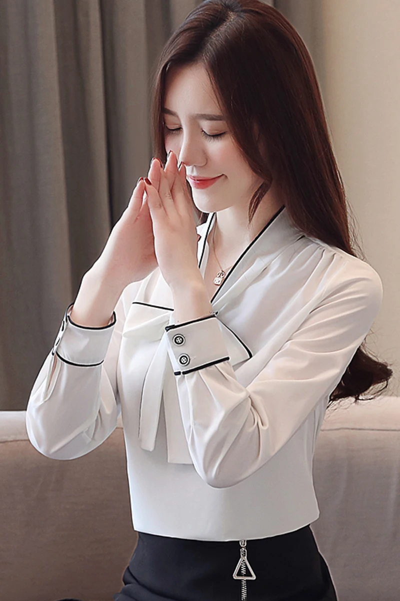 Новинка 2019 летние женские шифоновые блузки для работы черный белый длинный рукав