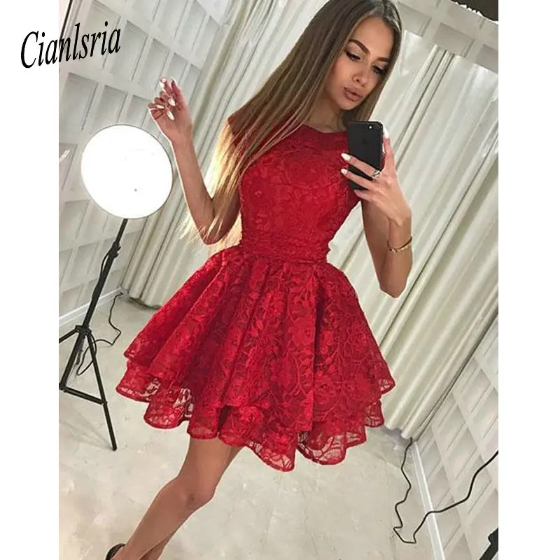 Sweety A-Line Sleeveless Red  Lace Short Homecoming Dresses Mini Cocktail Graguation Dress Prom Party Gowns