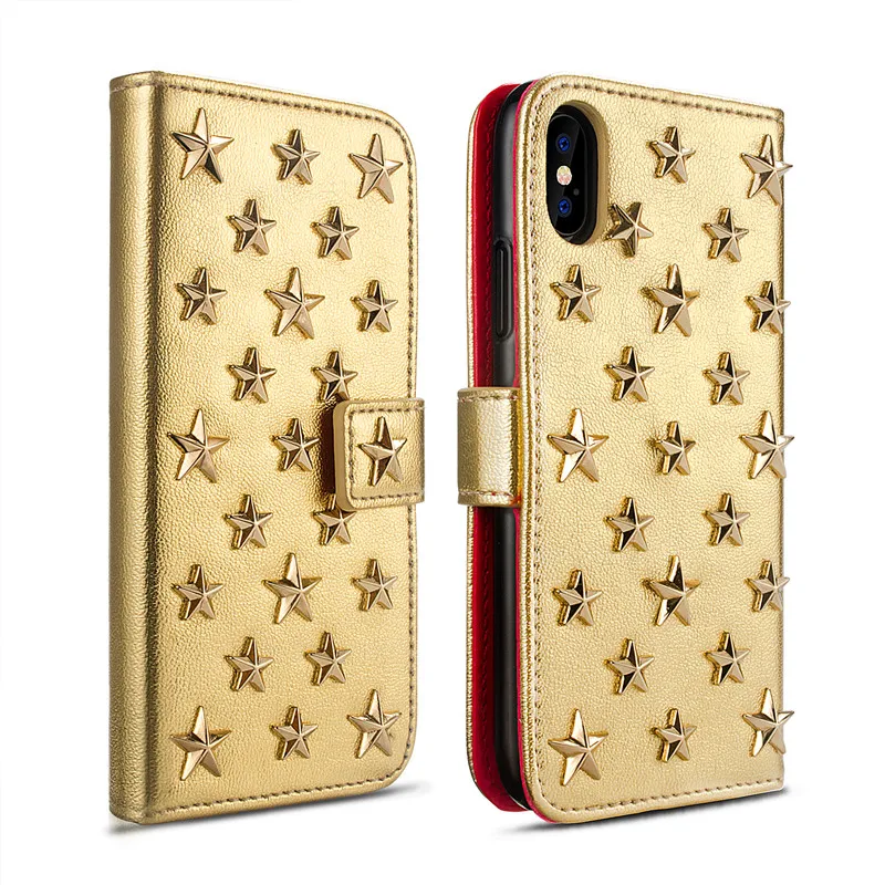 Роскошный кожаный чехол ручной работы для Iphone Xs 11 Pro MAX XR X 8 7 Plus Diy со звездами и заклепками Чехол-книжка Hoesje