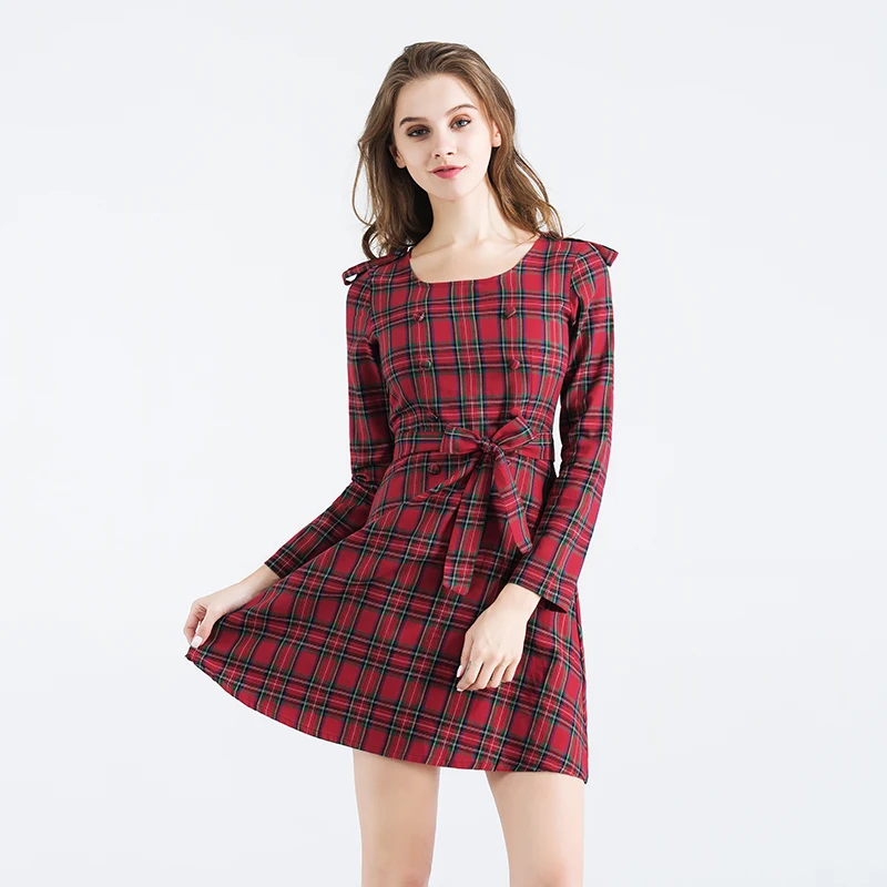 2017 Casual Dress Полоса Решетки Вокруг Шеи длинным Рукавом Талии Чтобы Показать Тонкие