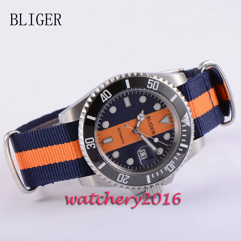 40 мм Bliger сапфировое стекло оранжевый синий циферблат нержавеющая сталь чехол