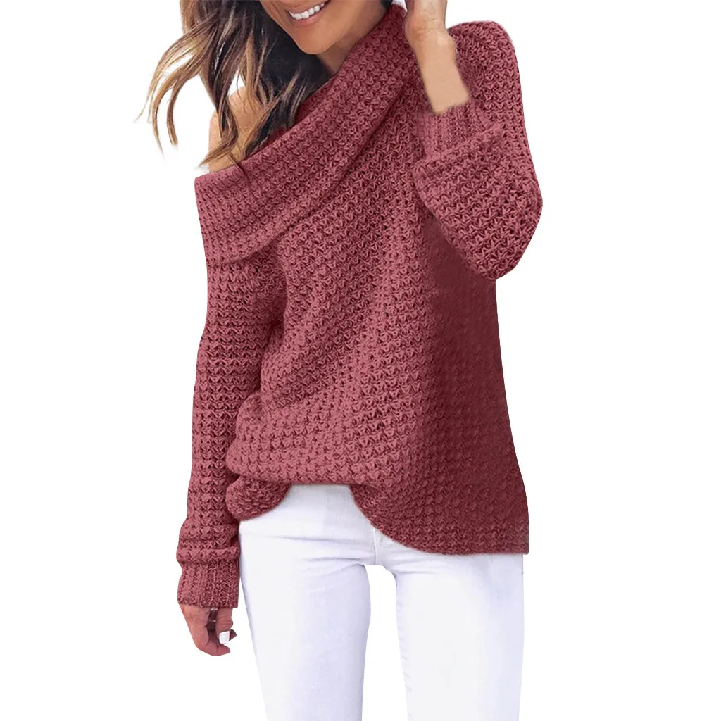 CHAMSGEND Winter Knitting Sweaters Women's Turtleneck Strapless Two Sweater Solid Shoulder Pullover Long Sleeve Blouse No24 | Женская