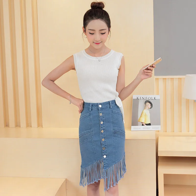 DOSOMA тонкий Высокая Талия посылка Для женщин джинсовая юбка синий однобортный