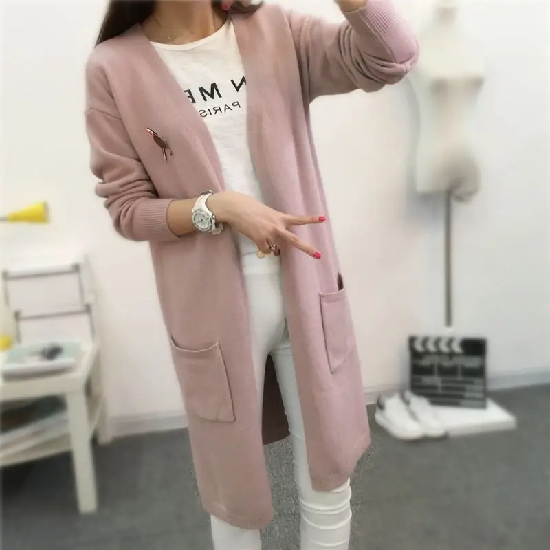 light pink Длинный рукав длинный кардиган женский шерстяной свитер зимний плотный Кардиган женские вязаные свитера кашемировые кардиганы Feminino - Цвет: light pink