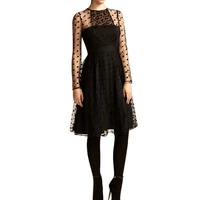 women vintage summer style dresses elegant style polka dot pattern sheer panelcover high waist black dress