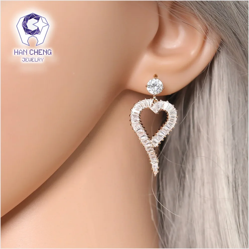 HanCheng New Big Copper Hollow Heart Hanging 925 Silver Nail Gem Stone CZ Zircon Drop Earrings For Women Jewelry brincos bijoux | Украшения