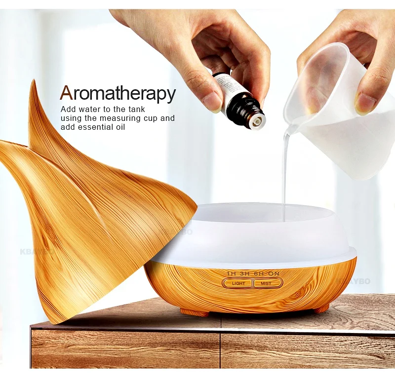 KBAYBO New 400ml Wood Grain Ultrasonic Air Humidifier Electric Aroma Essential Oil Diffuser with 7 Color Changing LED Lights