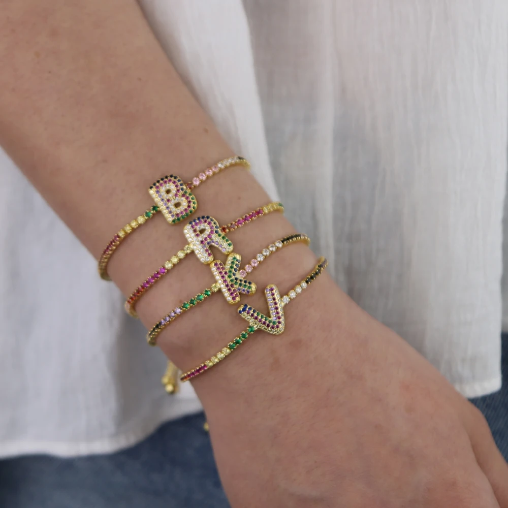 Gold filled 26 letter Initial adjust chain bracelet thin cz tennis white rainbow color new wholesale name bracelets | Украшения и