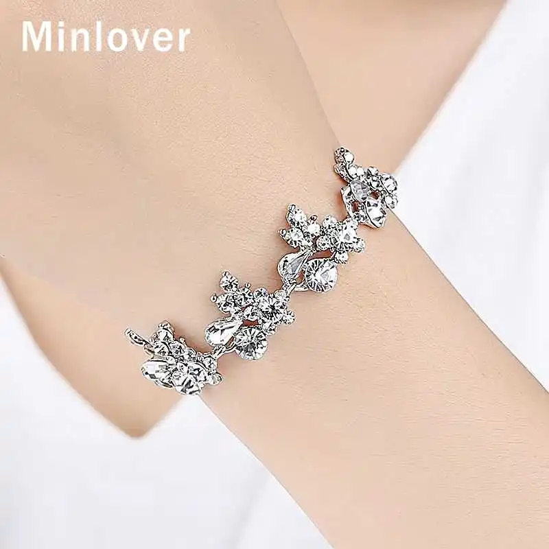 Minlover цветок кристалл серебро/золото цвет свадебные браслеты для женщин Стразы Pulseiras свадебные ювелирные аксессуары SL079