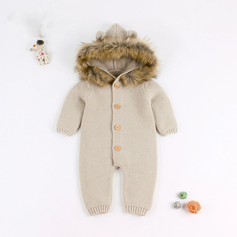 Infants Baby Winter Hooded Sweater Romper Newborn Fur Collar Knitted Cardigan Baby Boys Girls Christmas Jumpsuit Clothes