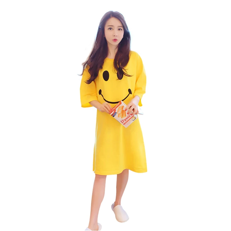 Yellow Г. Милая Ночная рубашка для девочек с рисунком смайлика, милое Мягкое хлопковое платье для сна ночная рубашка для подростков Домашняя одежда с длинными рукавами черного и желтого цвета - Цвет: Yellow
