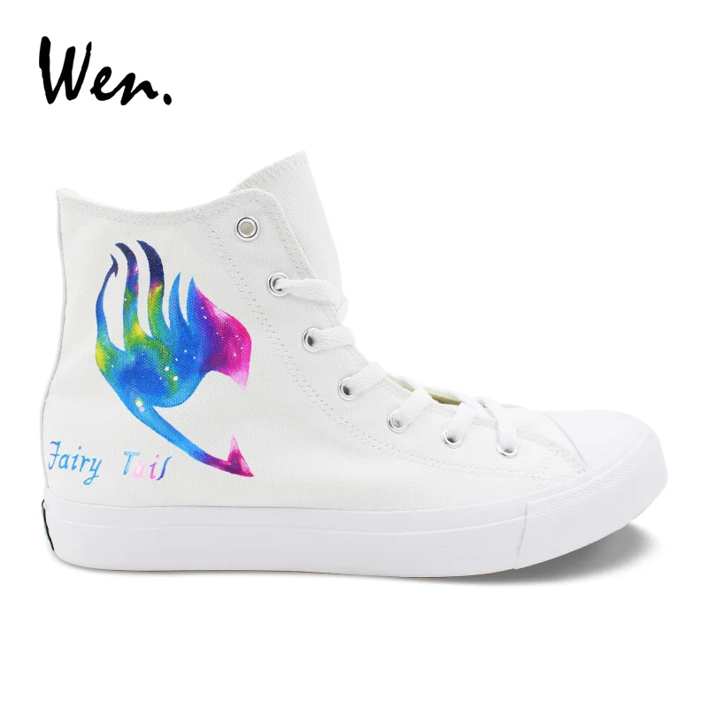 

Wen Anime Hand Painted Cosplay Shoes Fairy Tail Logo Galaxy Design Canvas Sneakers White High Top Pedal Platform Plimsolls Flats