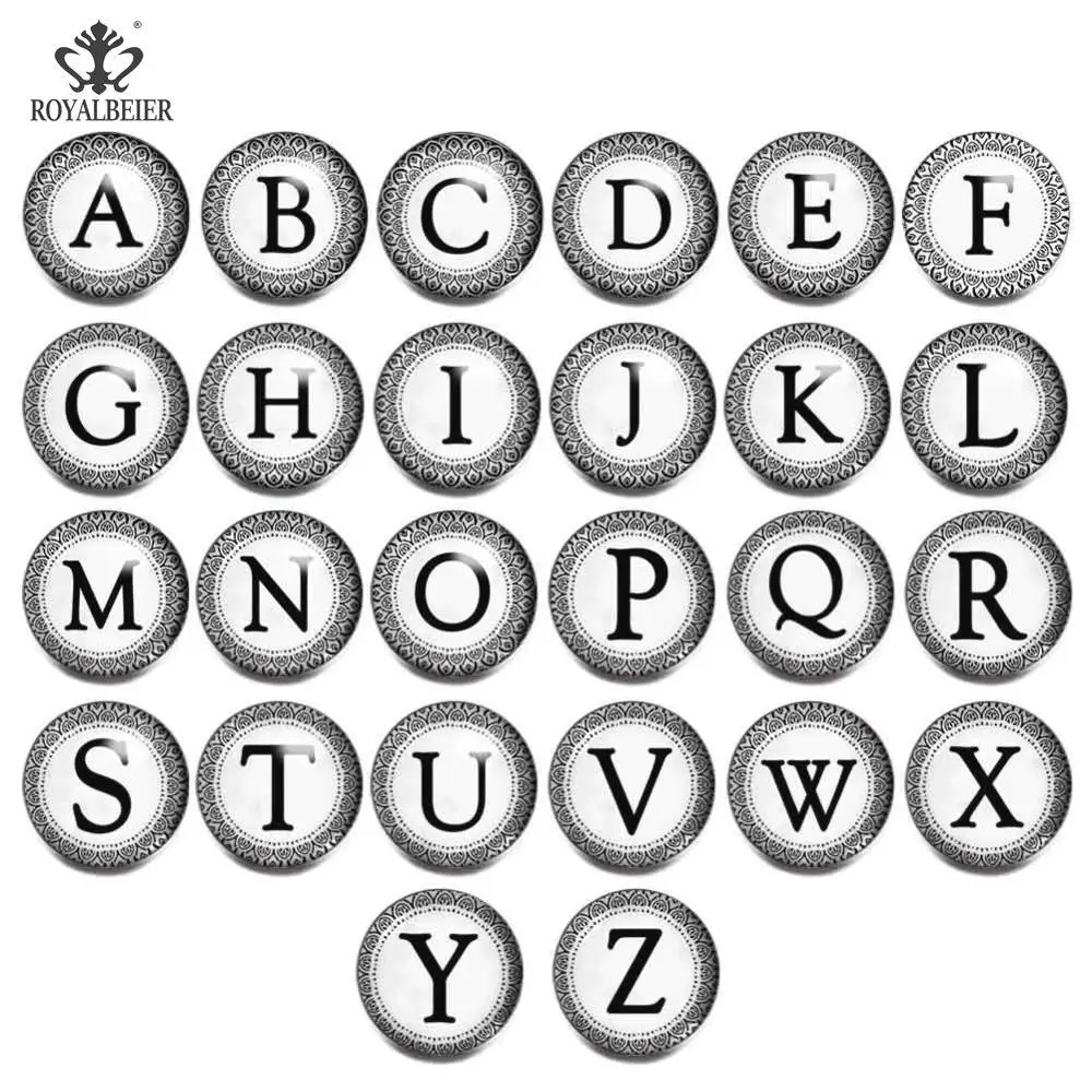 Royalbeier 26 шт./лот высокое качество A-Z буквенный Алфавит Кнопка оснастка ювелирной 18 мм/20 мм Стеклянная Кнопка подходит для браслета с защелкой Комплексная - Окраска металла: kg0040-26