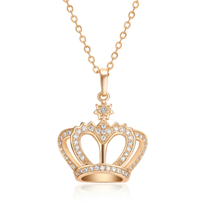 Новое желтое золото Цвет полный проложили прозрачные кристаллы Корона Rolo Chain Cross