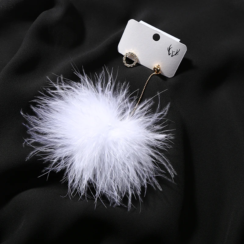 Colorful Feather Mink fur Pom Ball Earrings for Women Fashion Crystal Round Circle Long Chain Asymmetric Jewelry | Украшения и