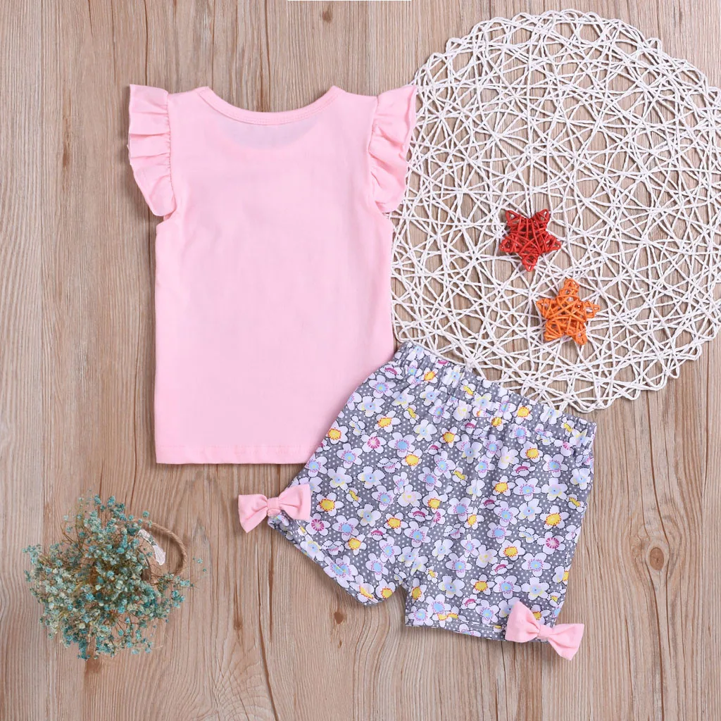 Toddler Kids Clothes Girl Cartoon Printed Sleeveless Tops+Floral Shorts Outfits Girls Summer Set Moda Infantil Menina |