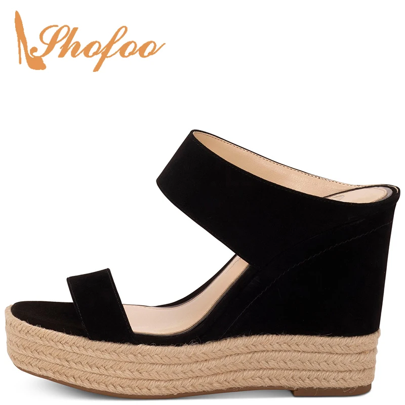 Черные эспадрильи на высокой танкетке Босоножки платформе женские шлепанцы