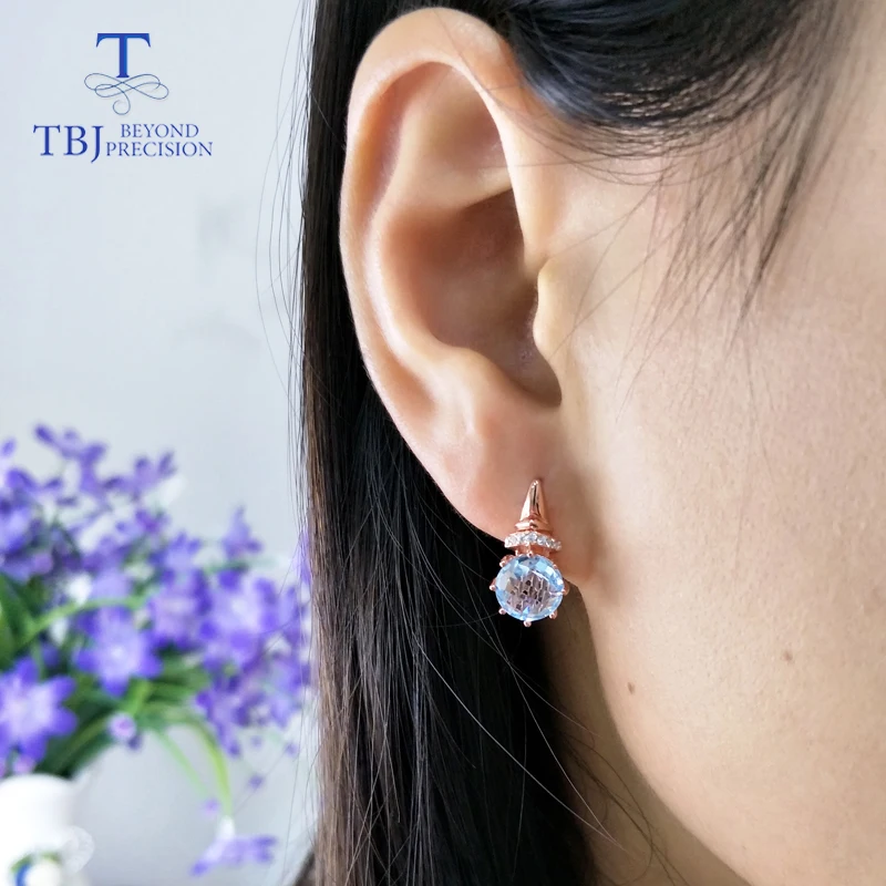 Круглые серьги TBJ с натуральным небесно голубым топазом 8 мм 4 6