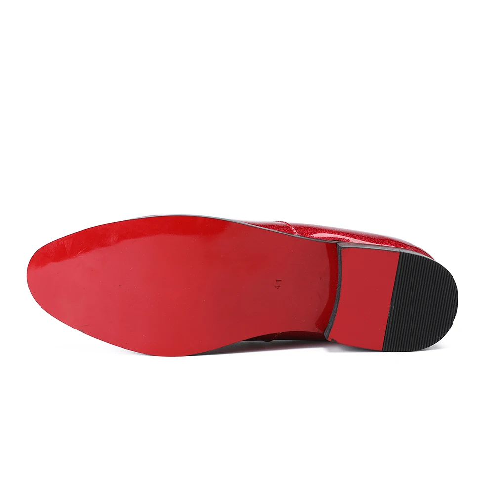 

Christia Bella Handmade Shiny Red Party and Wedding Men Dress Loafers with Metal Shark Tooth Mocassins Fashion Men Flats Shoes