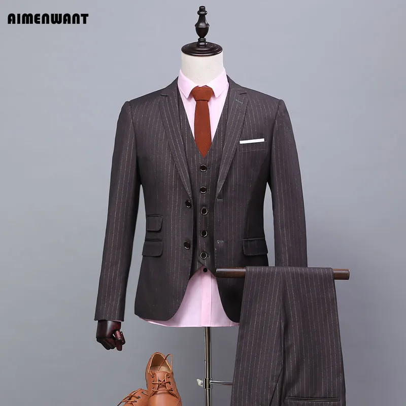 

AIMENWANT 2018 New Customize Size Pinstripe Suit Italy Slim Fit Business formal suits Dark Grey Dinner Suit Cheap Prom Blazer